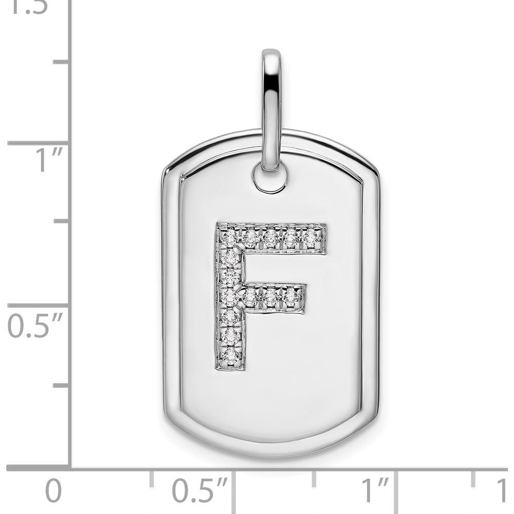 14K White Gold Diamond Initial F Dog Tag Charm with Rhodium Plating by Oro Pregiato