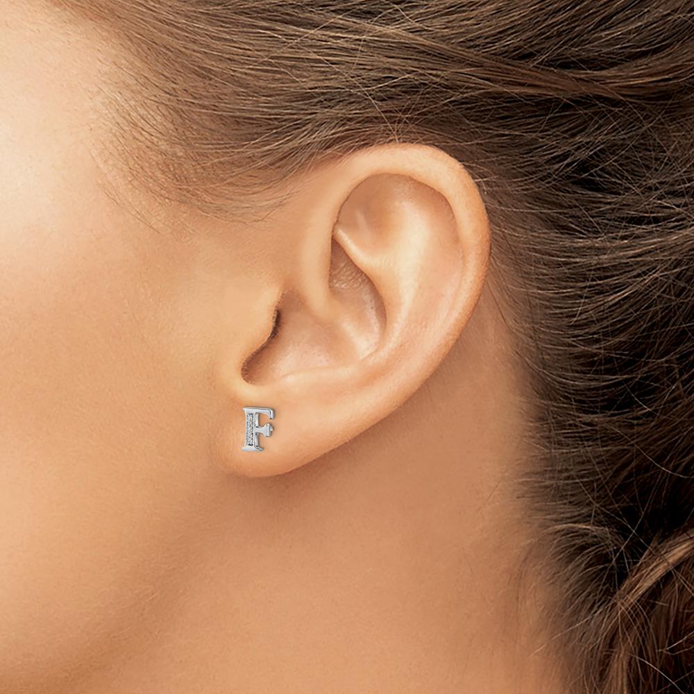 14K White Gold Diamond Initial F Earrings with 10 Round Natural Diamonds - 0.03 Carats Total Diamond Weight by Monteluci Fine Jewelry