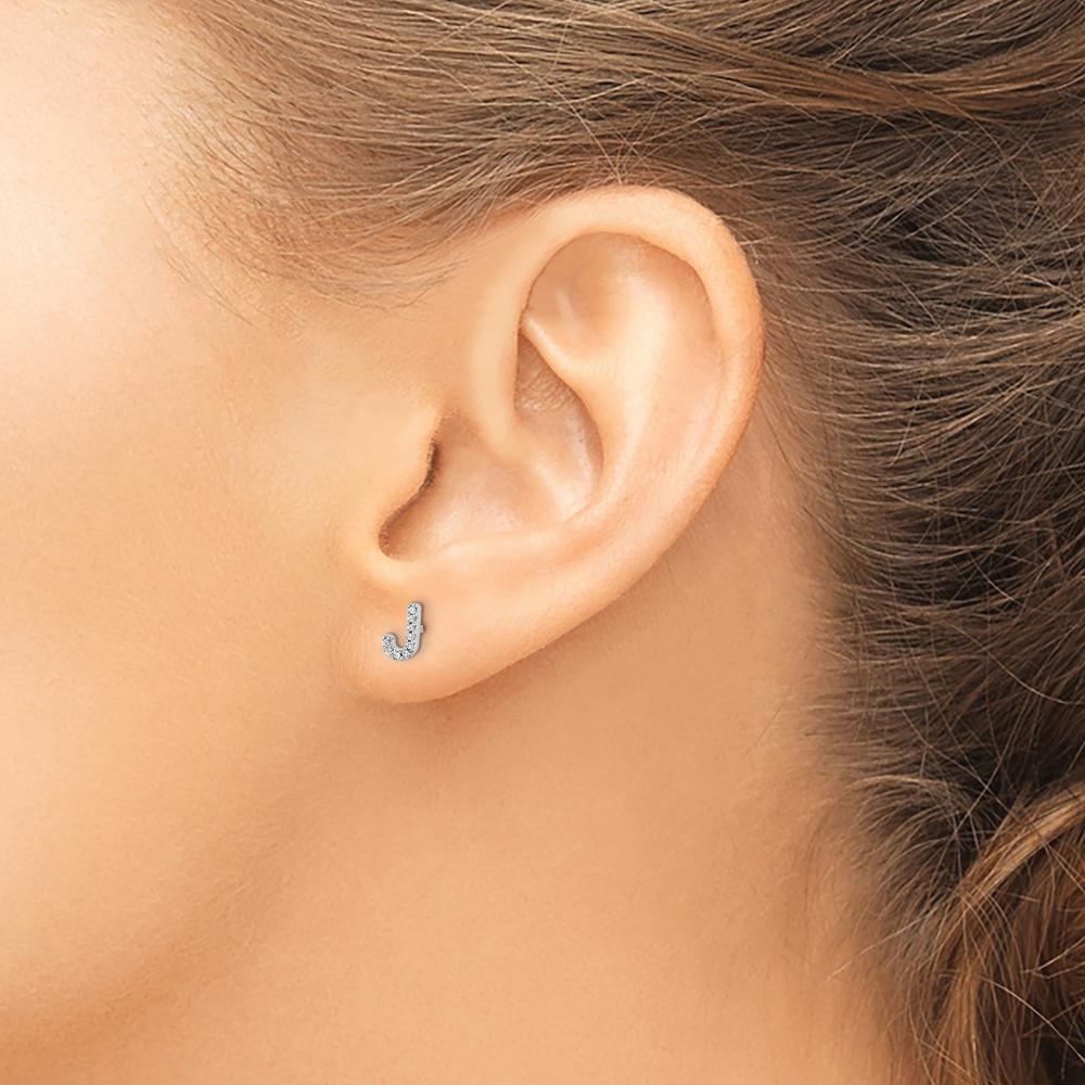 14K White Gold Diamond Initial J Stud Earrings with 18 Round Diamonds - 0.003 Carats Total Diamond Weight by Monteluci Fine Jewelry