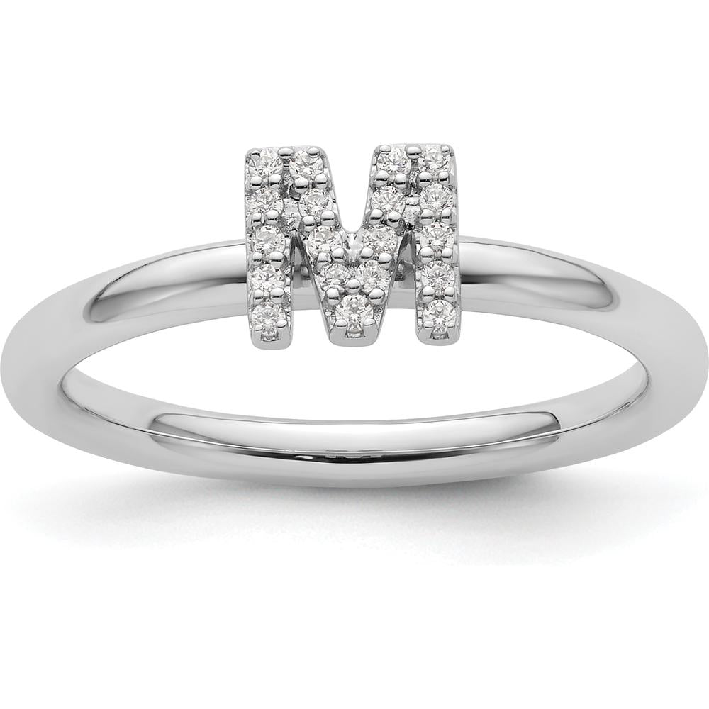 14K White Gold Diamond Initial M Ring with Pavé Set Round Diamonds - Stackable Size 7 by 0