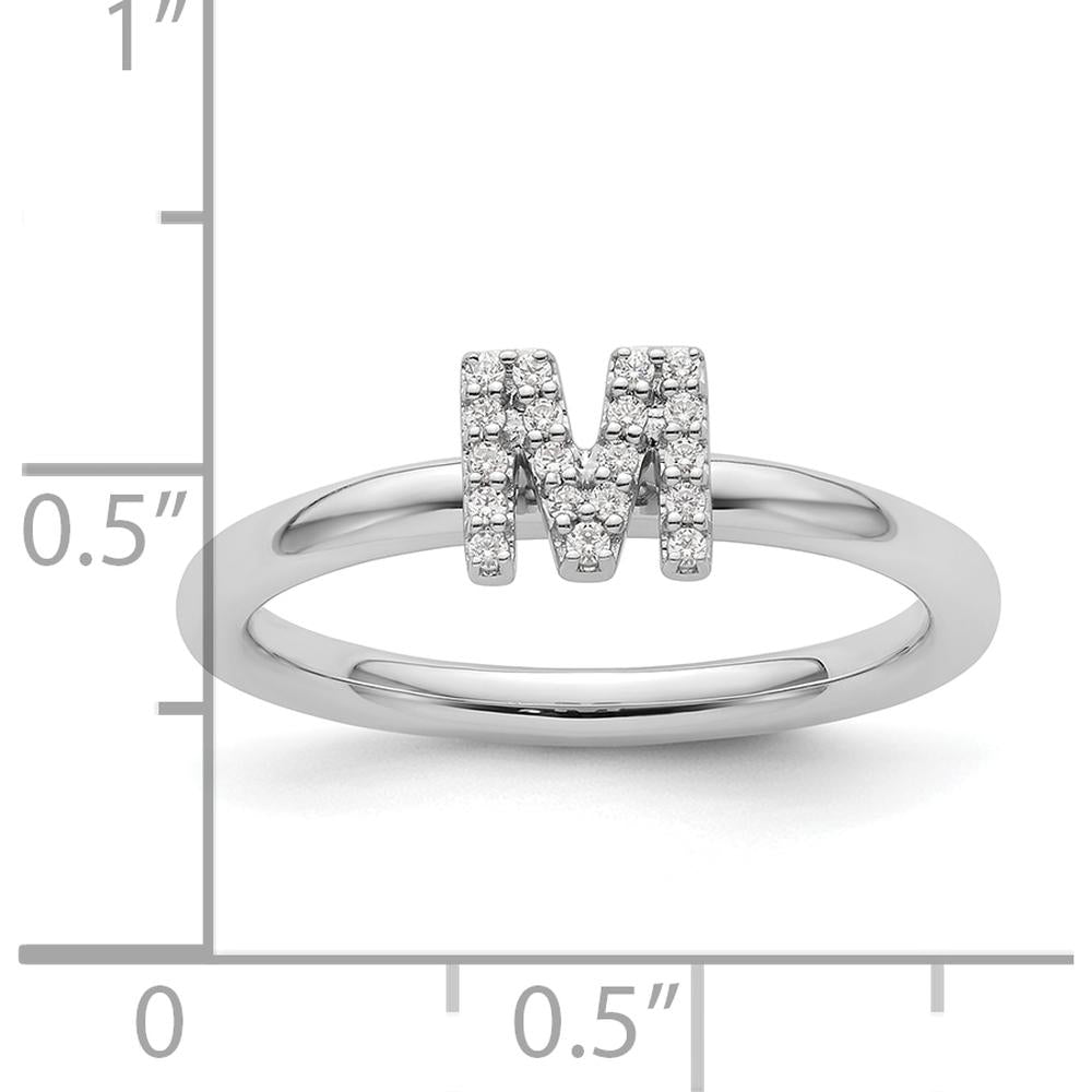 14K White Gold Diamond Initial M Ring with Pavé Set Round Diamonds - Stackable Size 7 by 0