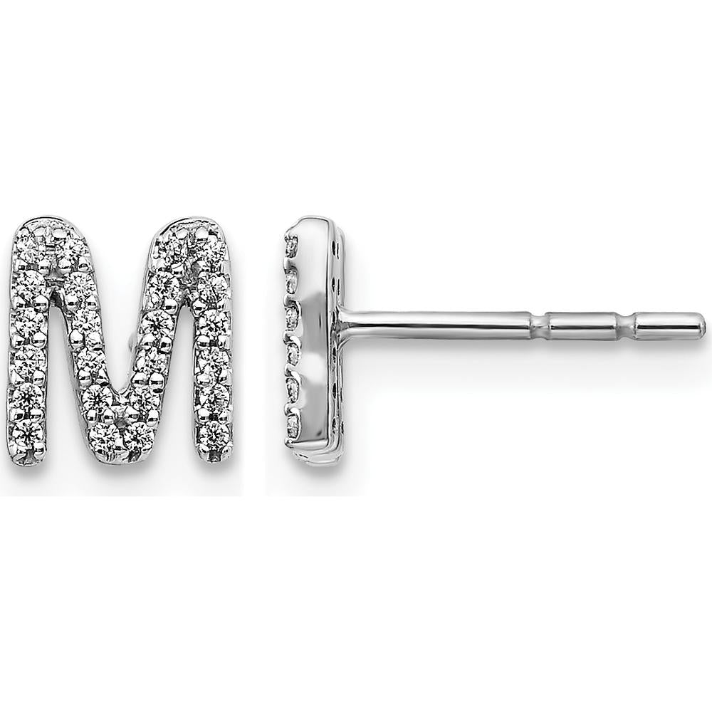 14K White Gold Diamond Initial M Stud Earrings with Round Diamonds - 0.007 Carats Total Diamond Weight by Monteluci Fine Jewelry