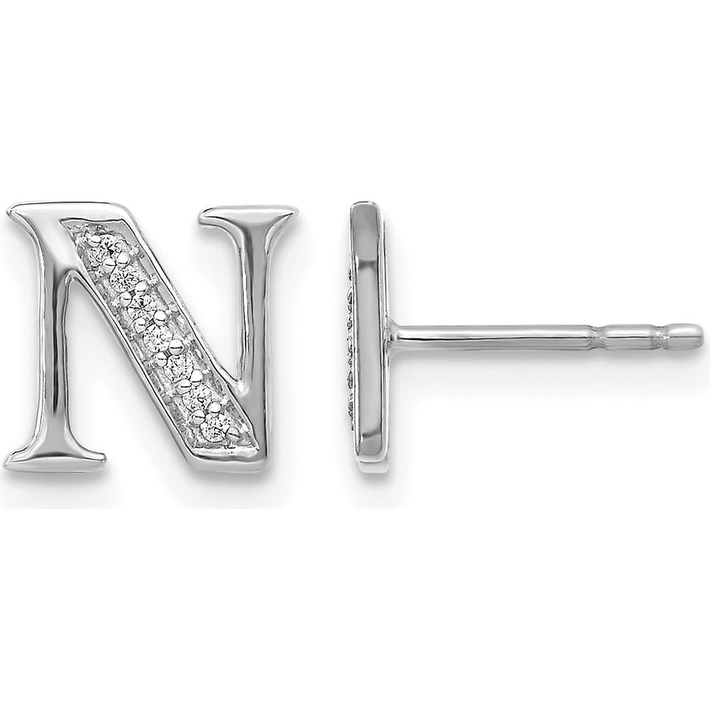 14K White Gold Diamond Initial "N" Button Earrings - 0.003 Carats Total Diamond Weight by Monteluci Fine Jewelry