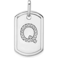14K White Gold Diamond Initial Q Dog Tag Charm with Polished Finish and Rhodium Plating by Oro Pregiato