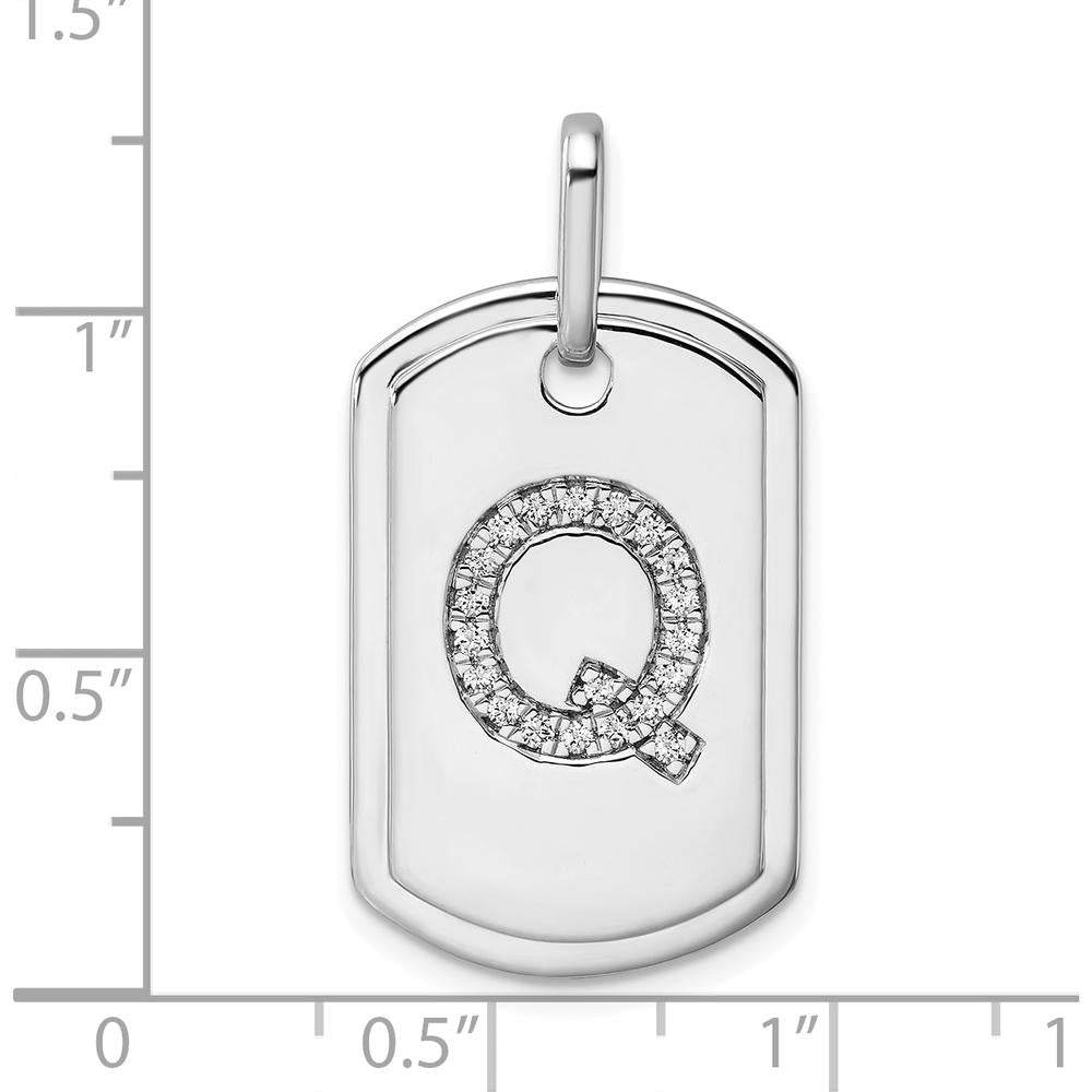 14K White Gold Diamond Initial Q Dog Tag Charm with Polished Finish and Rhodium Plating by Oro Pregiato