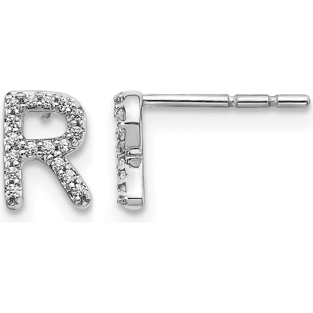 14K White Gold Diamond Initial R Button Earrings - 0.003 Carats Total Diamond Weight by Monteluci Fine Jewelry