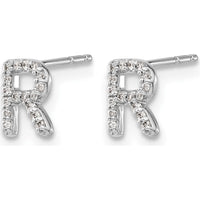 14K White Gold Diamond Initial R Button Earrings - 0.003 Carats Total Diamond Weight by Monteluci Fine Jewelry