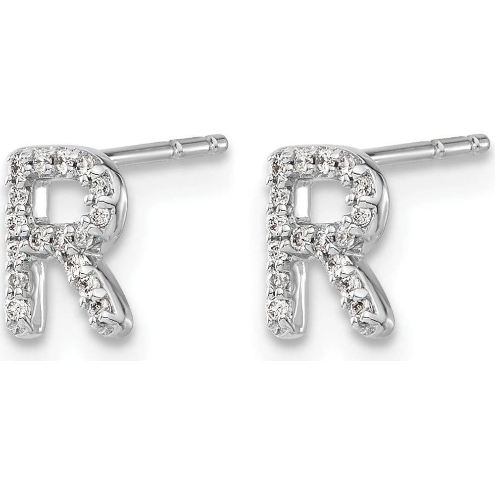 14K White Gold Diamond Initial R Button Earrings - 0.003 Carats Total Diamond Weight by Monteluci Fine Jewelry
