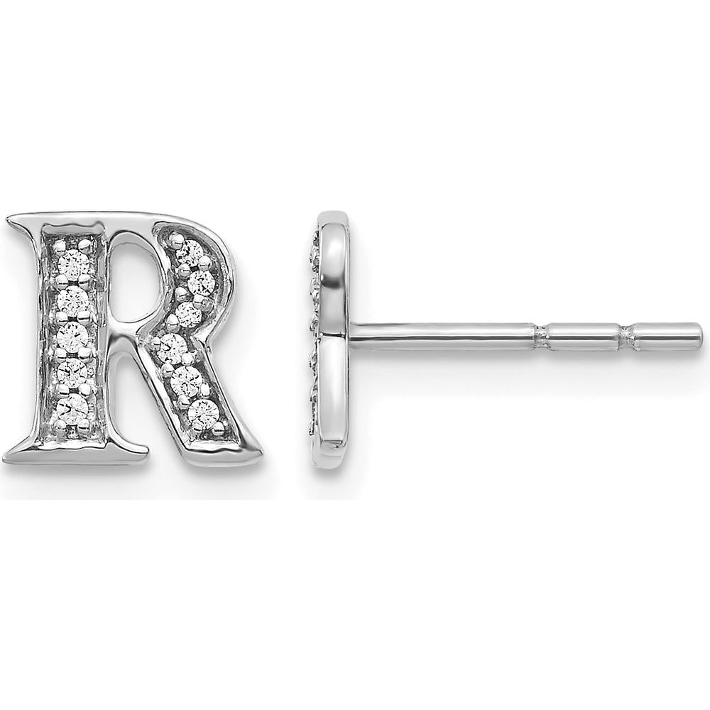 14K White Gold Diamond Initial R Earrings - 0.008 Carats Total Diamond Weight by Monteluci Fine Jewelry