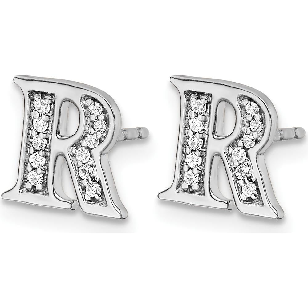 14K White Gold Diamond Initial R Earrings - 0.008 Carats Total Diamond Weight by Monteluci Fine Jewelry