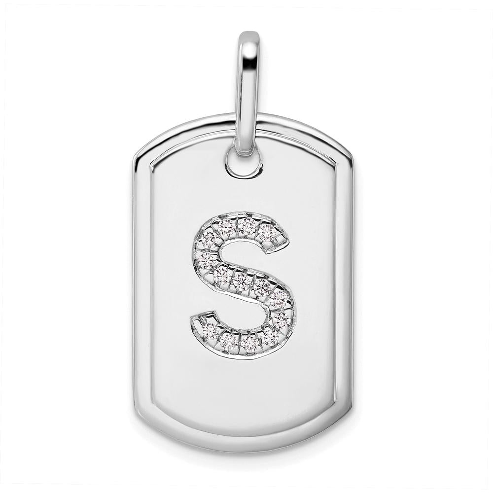 14K White Gold Diamond Initial S Dog Tag Charm with Rhodium Plating by Oro Pregiato