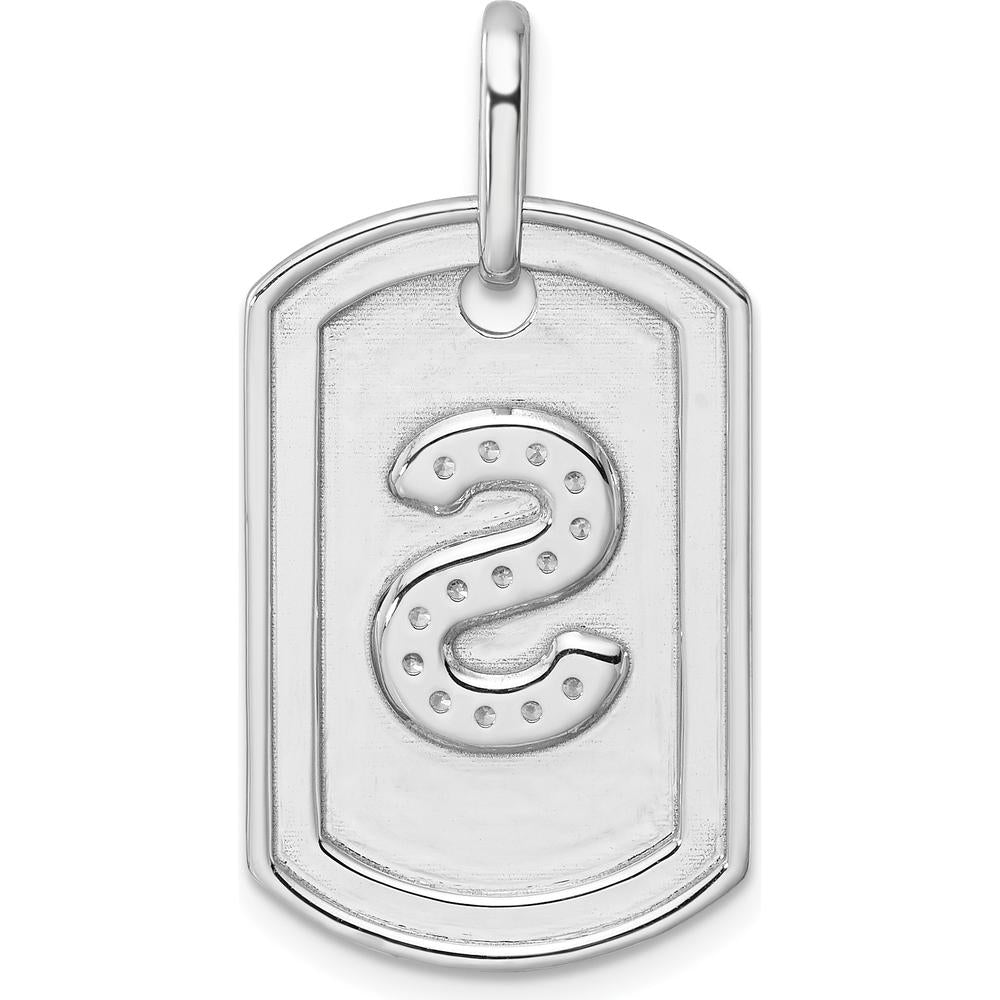 14K White Gold Diamond Initial S Dog Tag Charm with Rhodium Plating by Oro Pregiato