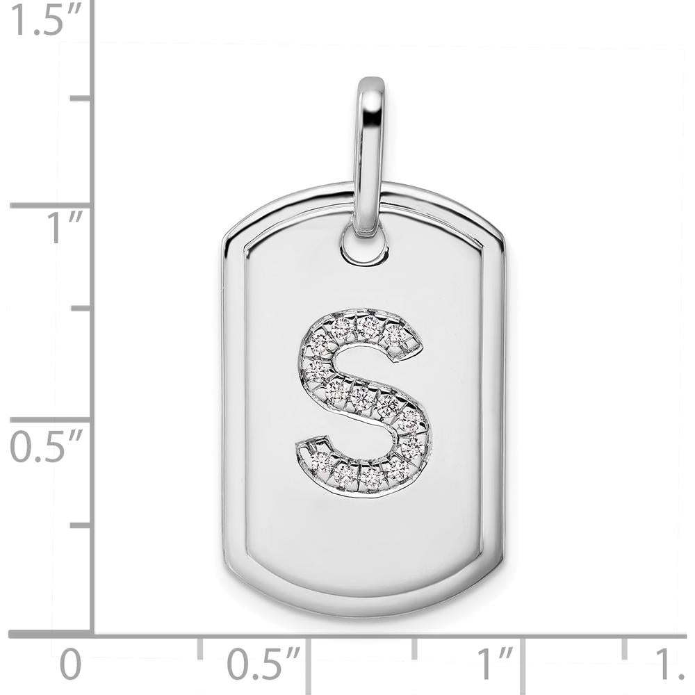 14K White Gold Diamond Initial S Dog Tag Charm with Rhodium Plating by Oro Pregiato