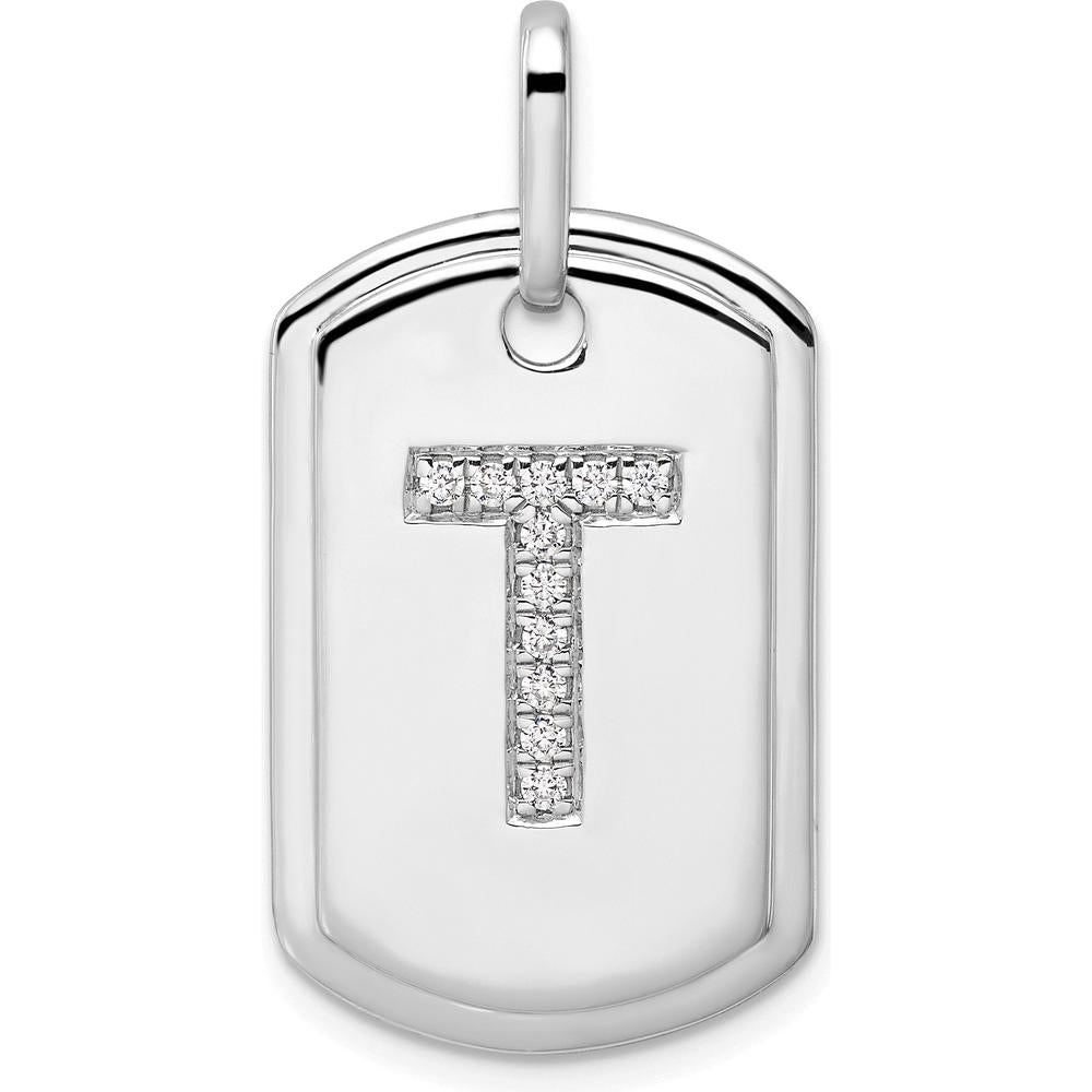14K White Gold Diamond Initial T Dog Tag Charm - Personalized Pendant with Sparkling Diamonds by Oro Pregiato