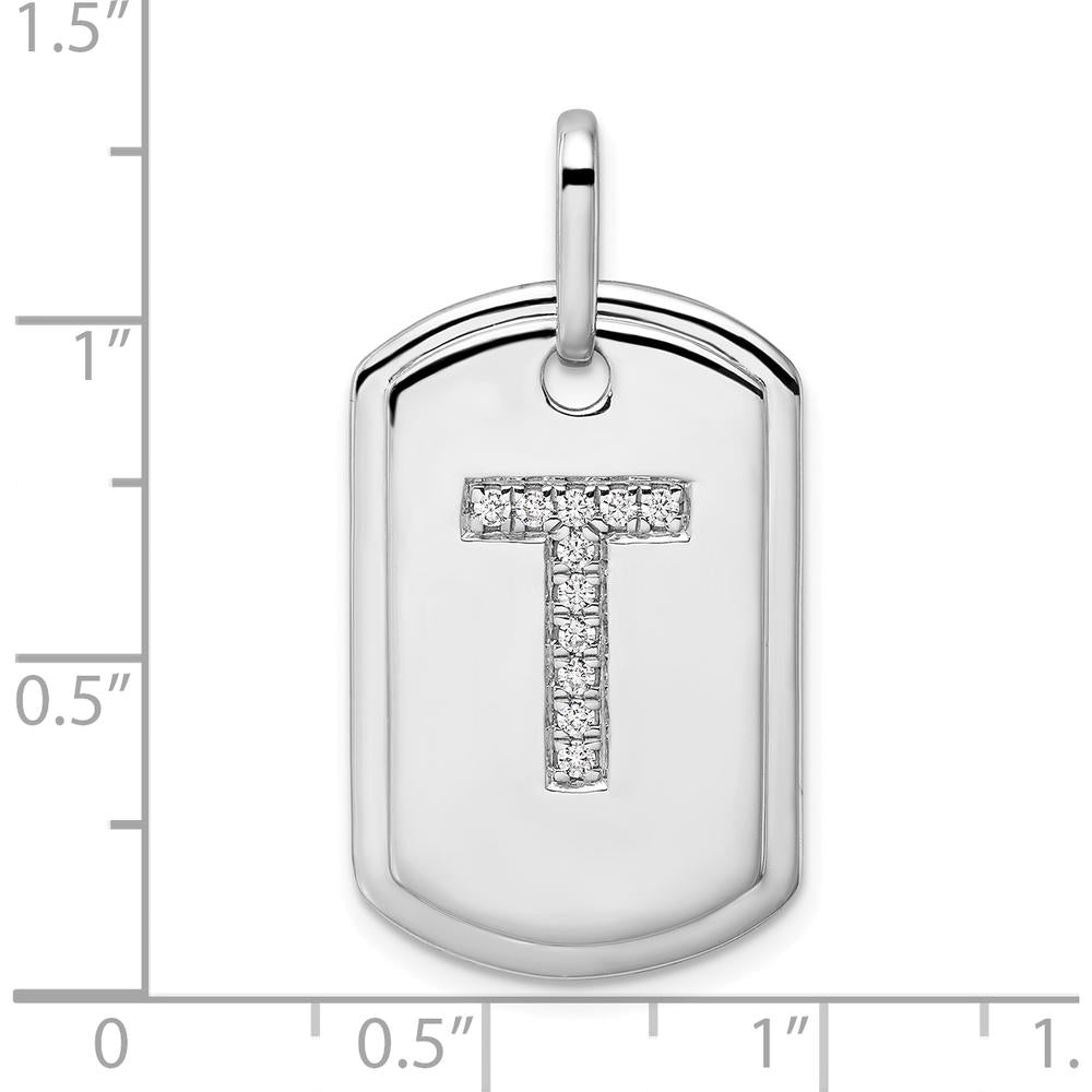 14K White Gold Diamond Initial T Dog Tag Charm - Personalized Pendant with Sparkling Diamonds by Oro Pregiato