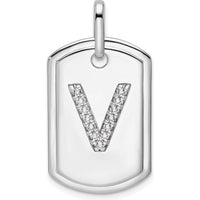14K White Gold Diamond Initial V Dog Tag Charm Pendant with Polished Finish and Rhodium Plating by Oro Pregiato