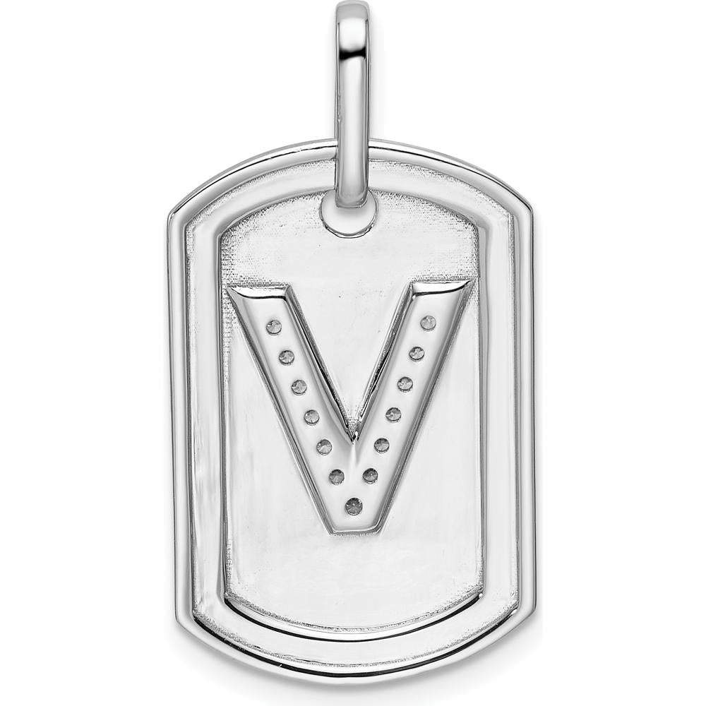 14K White Gold Diamond Initial V Dog Tag Charm Pendant with Polished Finish and Rhodium Plating by Oro Pregiato