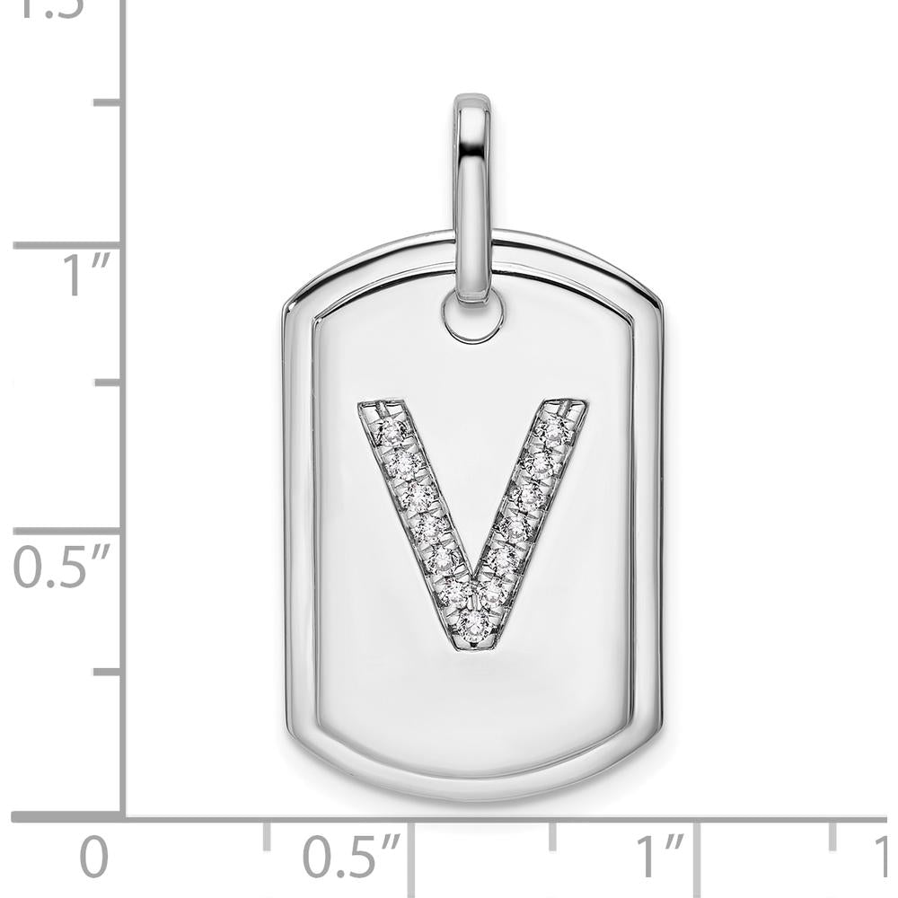 14K White Gold Diamond Initial V Dog Tag Charm Pendant with Polished Finish and Rhodium Plating by Oro Pregiato