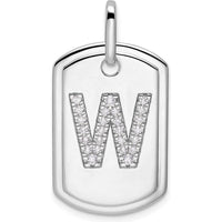 14K White Gold Diamond Initial W Dog Tag Charm with Rhodium Plating by Oro Pregiato