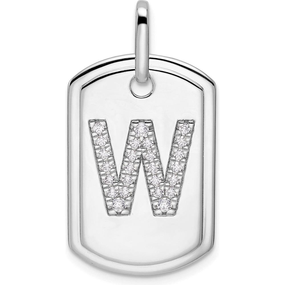 14K White Gold Diamond Initial W Dog Tag Charm with Rhodium Plating by Oro Pregiato
