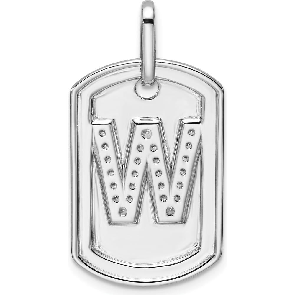 14K White Gold Diamond Initial W Dog Tag Charm with Rhodium Plating by Oro Pregiato