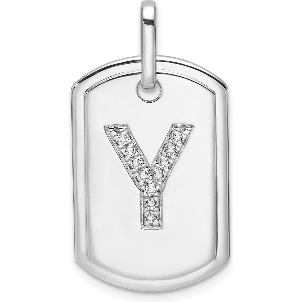 14K White Gold Diamond Initial "Y" Dog Tag Pendant Charm - Personalized Luxury Piece by Oro Pregiato