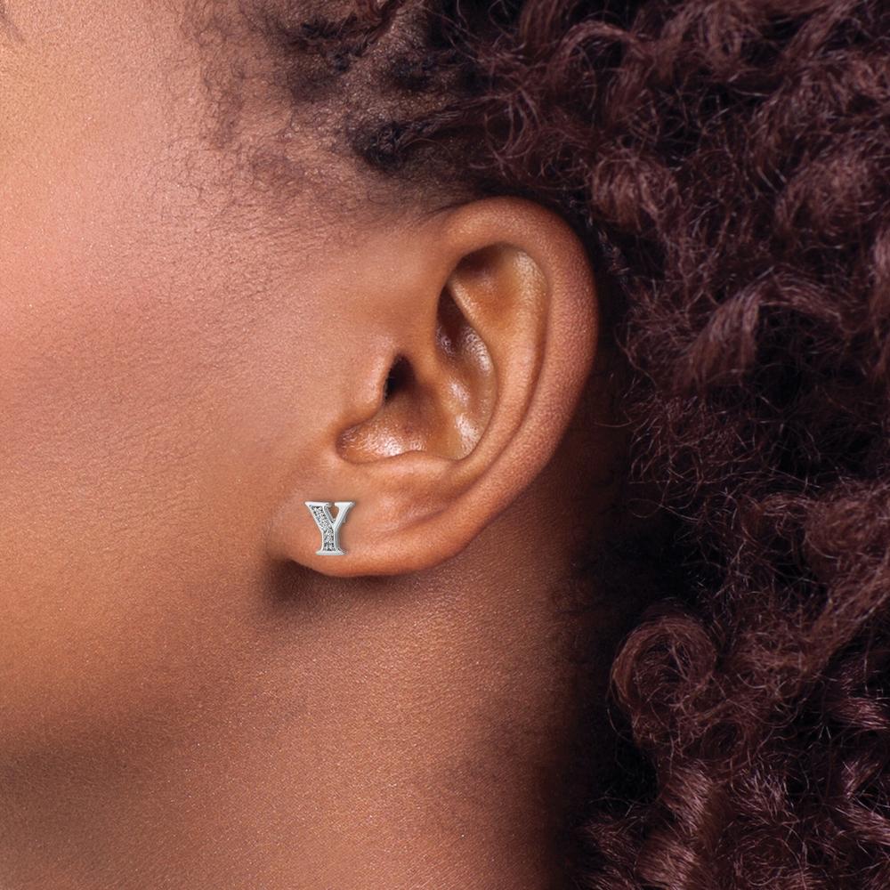 14K White Gold Diamond Initial Y Earrings - 0.036 Carats Total Diamond Weight by Monteluci Fine Jewelry