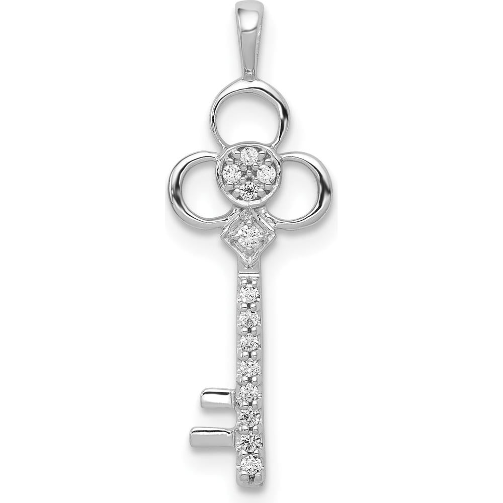 14K White Gold Diamond Key Pendant with Round-Cut Diamonds - 1/15 Carat Total Diamond Weight by Monteluci Fine Jewelry