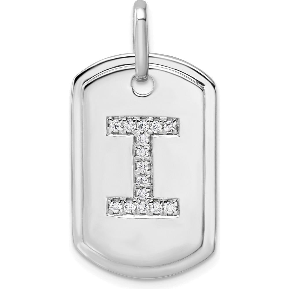 14K White Gold Diamond Letter I Dog Tag Charm Pendant with Rhodium Plating by Oro Pregiato