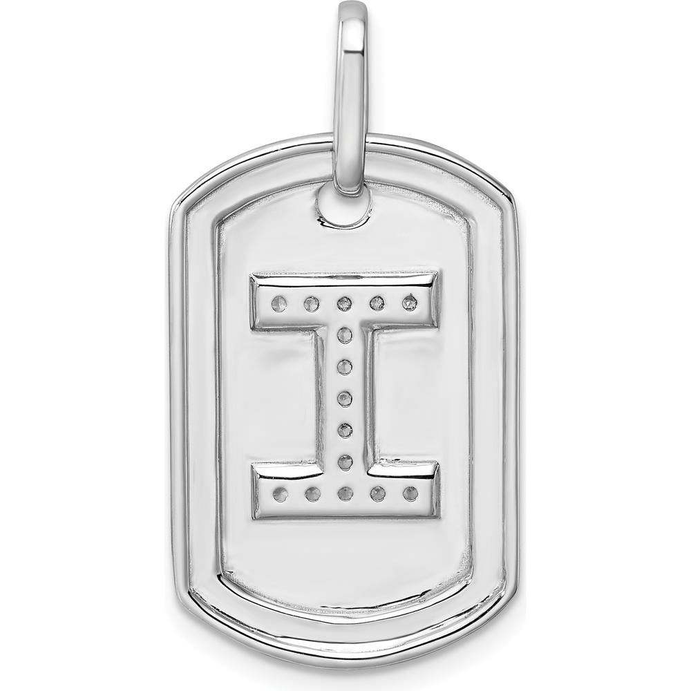 14K White Gold Diamond Letter I Dog Tag Charm Pendant with Rhodium Plating by Oro Pregiato