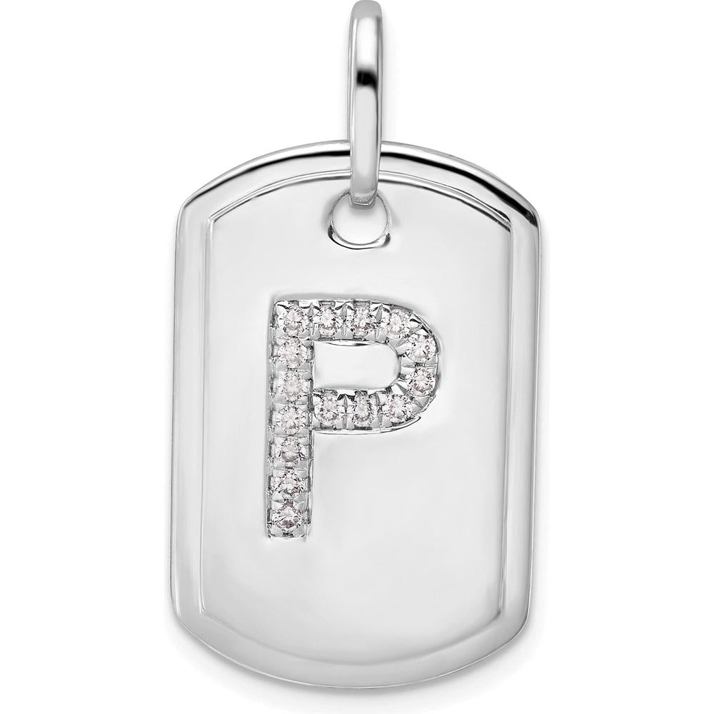 14K White Gold Diamond Letter P Dog Tag Charm - Personalized with Diamonds by Oro Pregiato