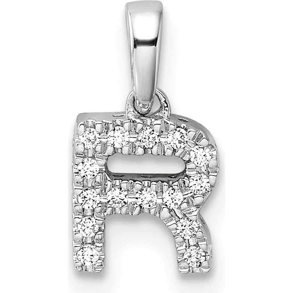 14K White Gold Diamond Letter R Pendant with Polished Bail - Block Initial Design by Oro Pregiato