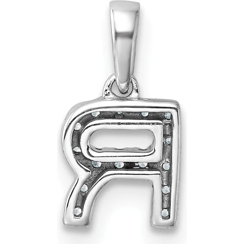 14K White Gold Diamond Letter R Pendant with Polished Bail - Block Initial Design by Oro Pregiato