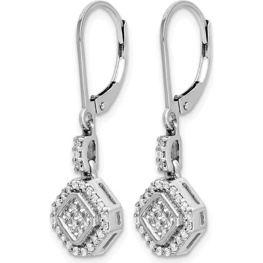 14K White Gold Diamond Leverback Drop Earrings with Square and Round Diamonds - 0.04 Carat Total Diamond Weight by Monteluci Fine Jewelry