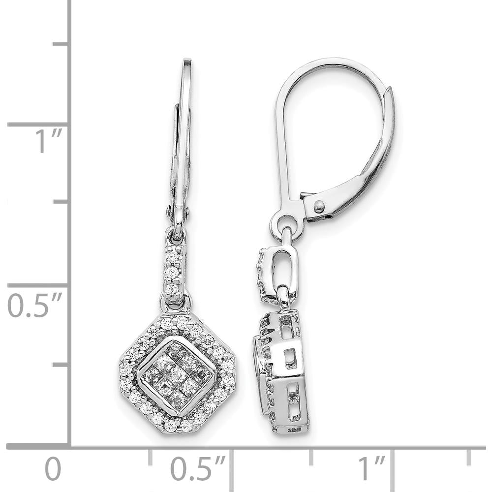 14K White Gold Diamond Leverback Drop Earrings with Square and Round Diamonds - 0.04 Carat Total Diamond Weight by Monteluci Fine Jewelry