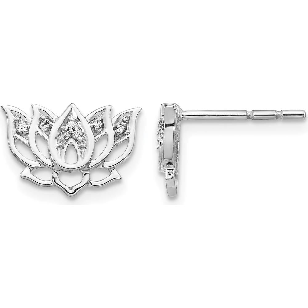 14K White Gold Diamond Lotus Flower Stud Earrings with 14 Round Brilliant Cut Diamonds - 0.042 Carats Total Diamond Weight by Monteluci Fine Jewelry