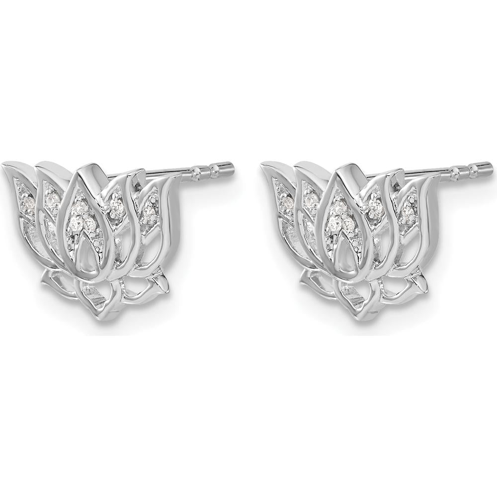 14K White Gold Diamond Lotus Flower Stud Earrings with 14 Round Brilliant Cut Diamonds - 0.042 Carats Total Diamond Weight by Monteluci Fine Jewelry