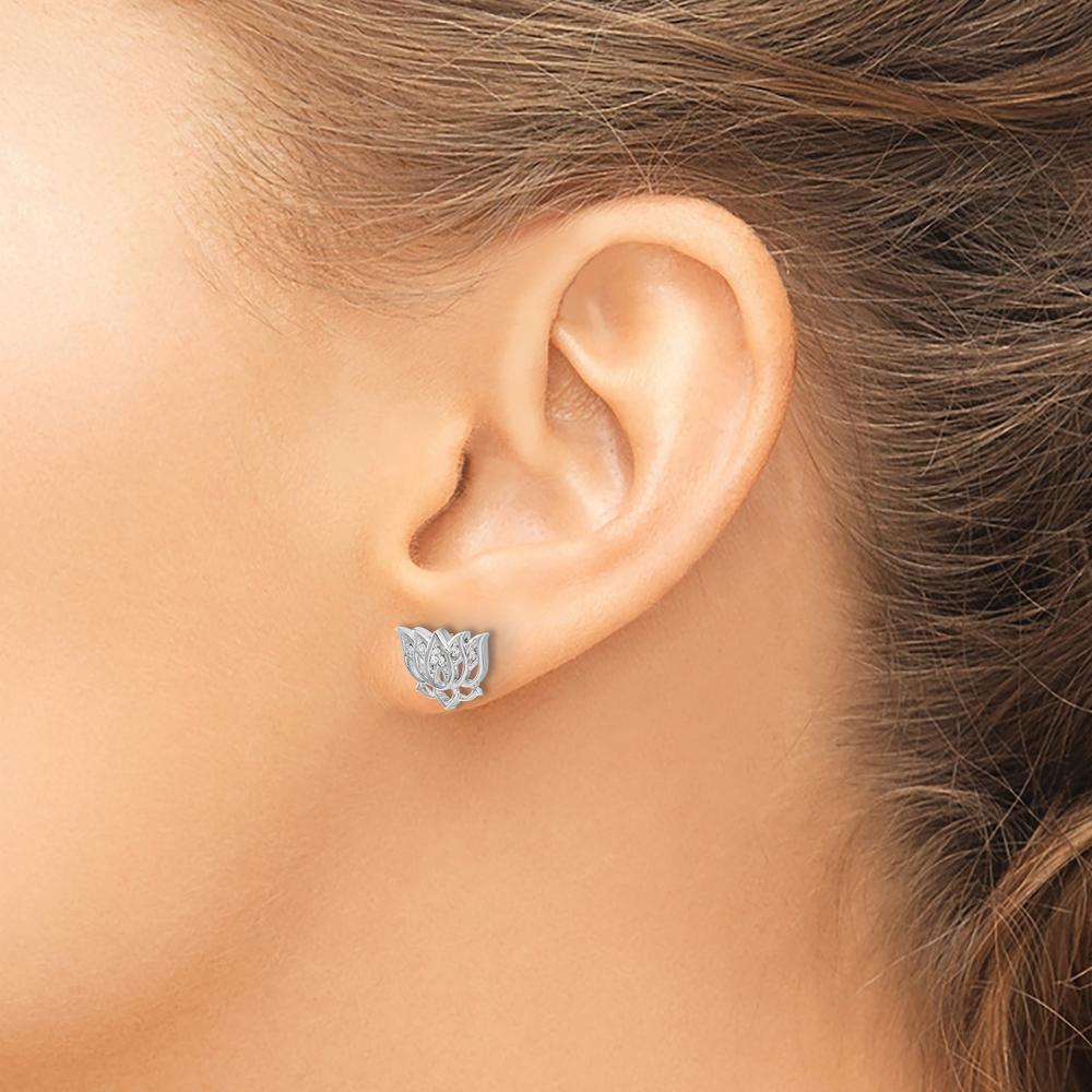 14K White Gold Diamond Lotus Flower Stud Earrings with 14 Round Brilliant Cut Diamonds - 0.042 Carats Total Diamond Weight by Monteluci Fine Jewelry