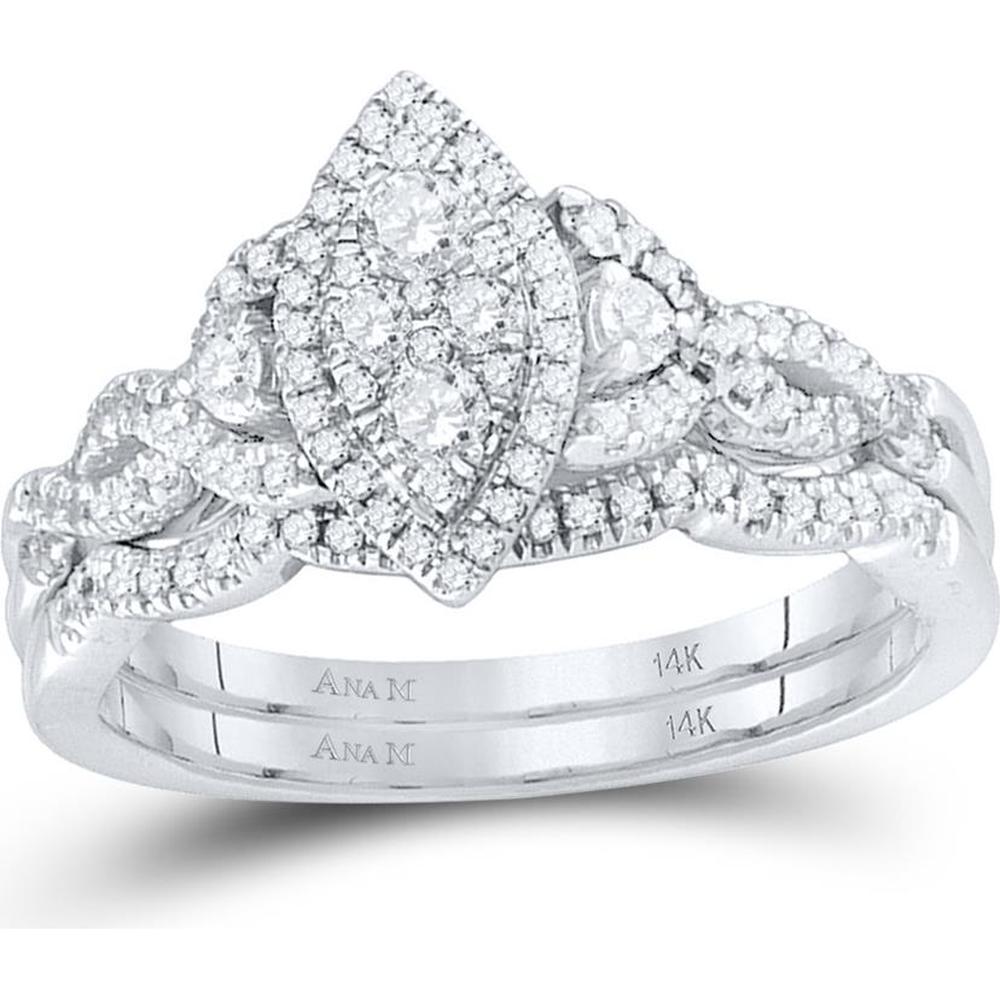 14K White Gold Diamond Marquise-Shape Cluster Wedding Bridal Ring Set - 1/2 Carat Total Diamond Weight