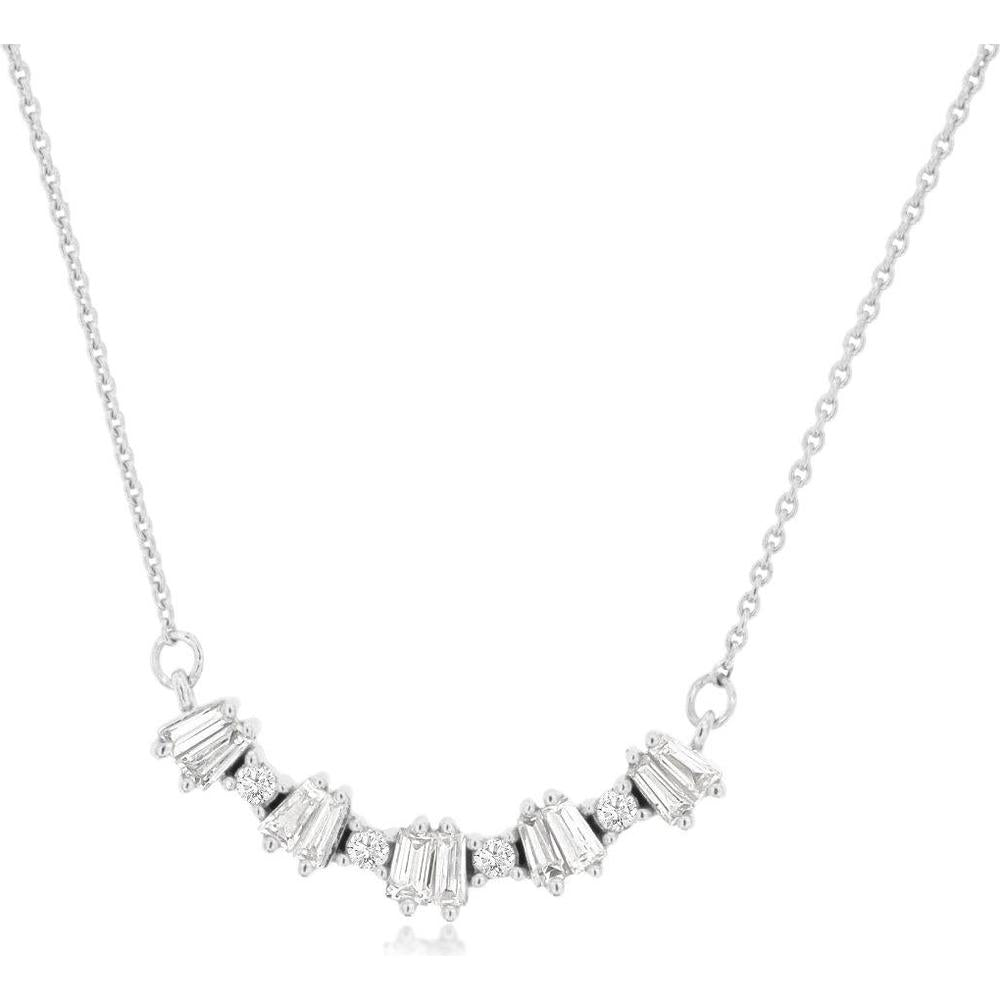 14K White Gold Diamond Necklace with Baguette and Round Diamonds - 0.26 Carats Total Diamond Weight
