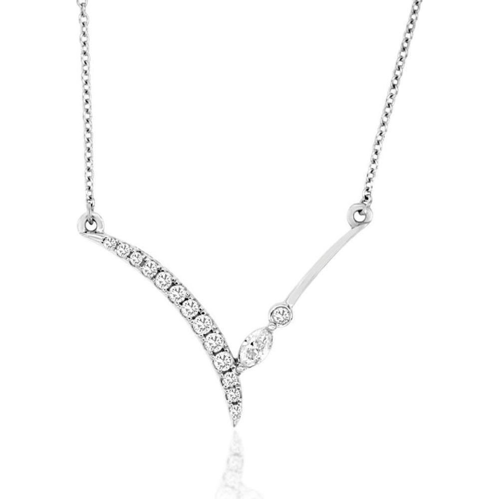 14K White Gold Diamond Necklace with Round and Marquise Diamonds - 0.20 Carats Total Diamond Weight