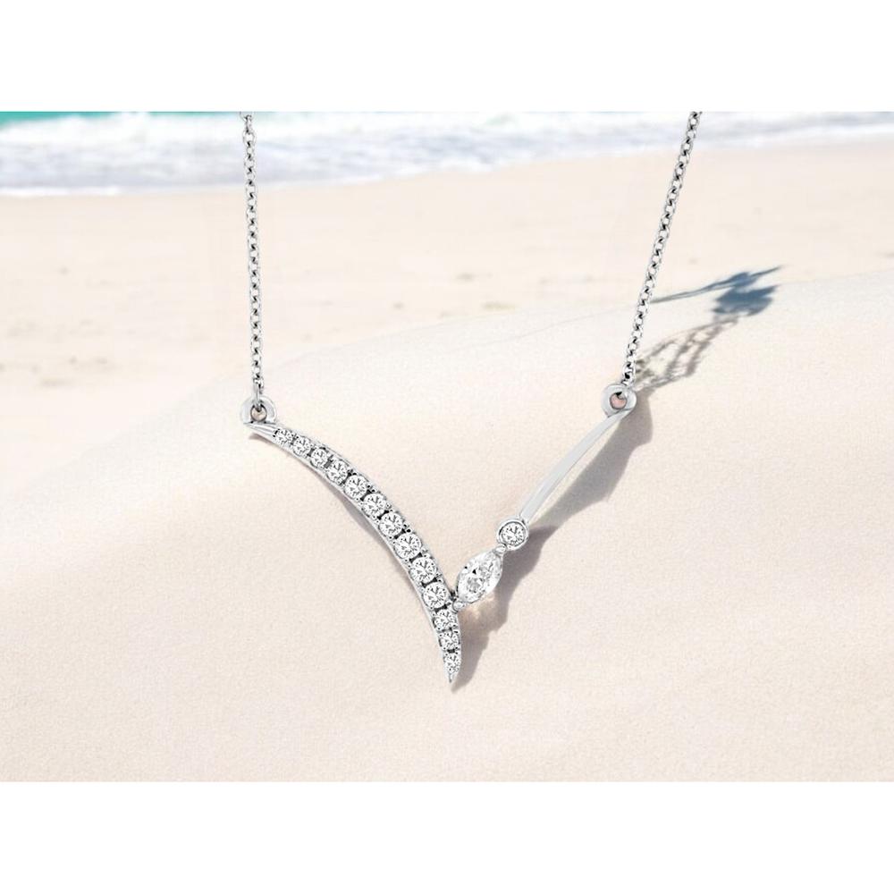 14K White Gold Diamond Necklace with Round and Marquise Diamonds - 0.20 Carats Total Diamond Weight