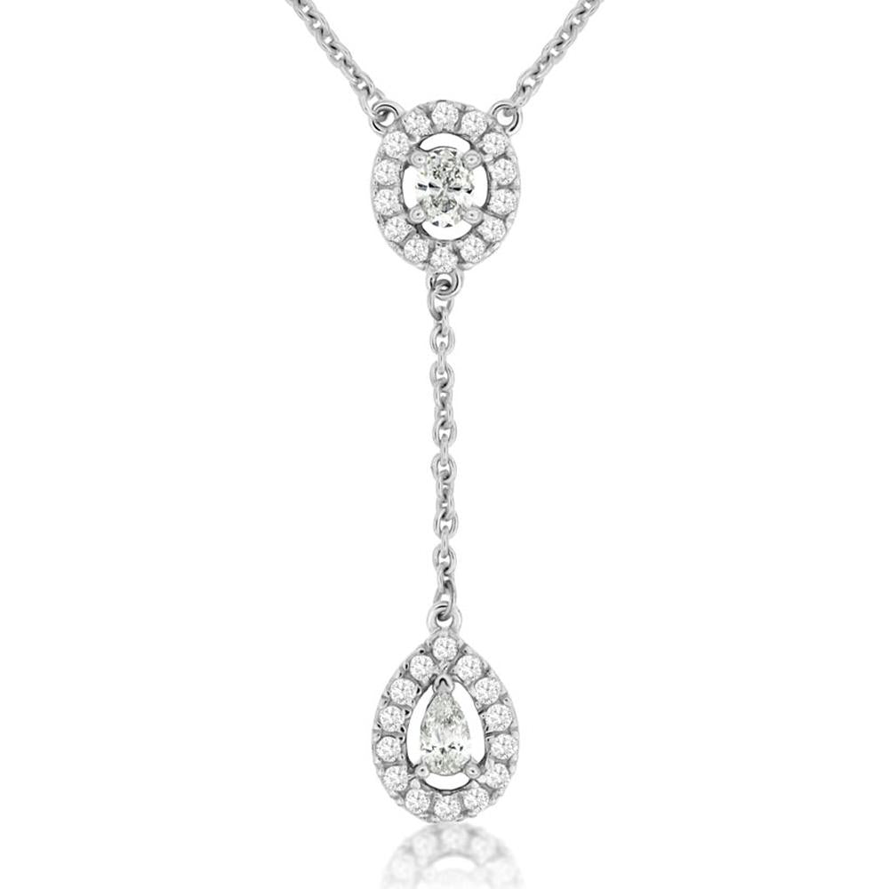14K White Gold Diamond Necklace with Round-Cut Halo and Teardrop Pendant - 0.36 Carats Total Diamond Weight
