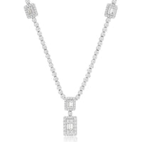 14K White Gold Diamond Necklace with Round Diamond Tennis Links and Baguette Diamond Halo Drop Pendant - 2.20 Carat Total Diamond Weight - Royal Jewelry