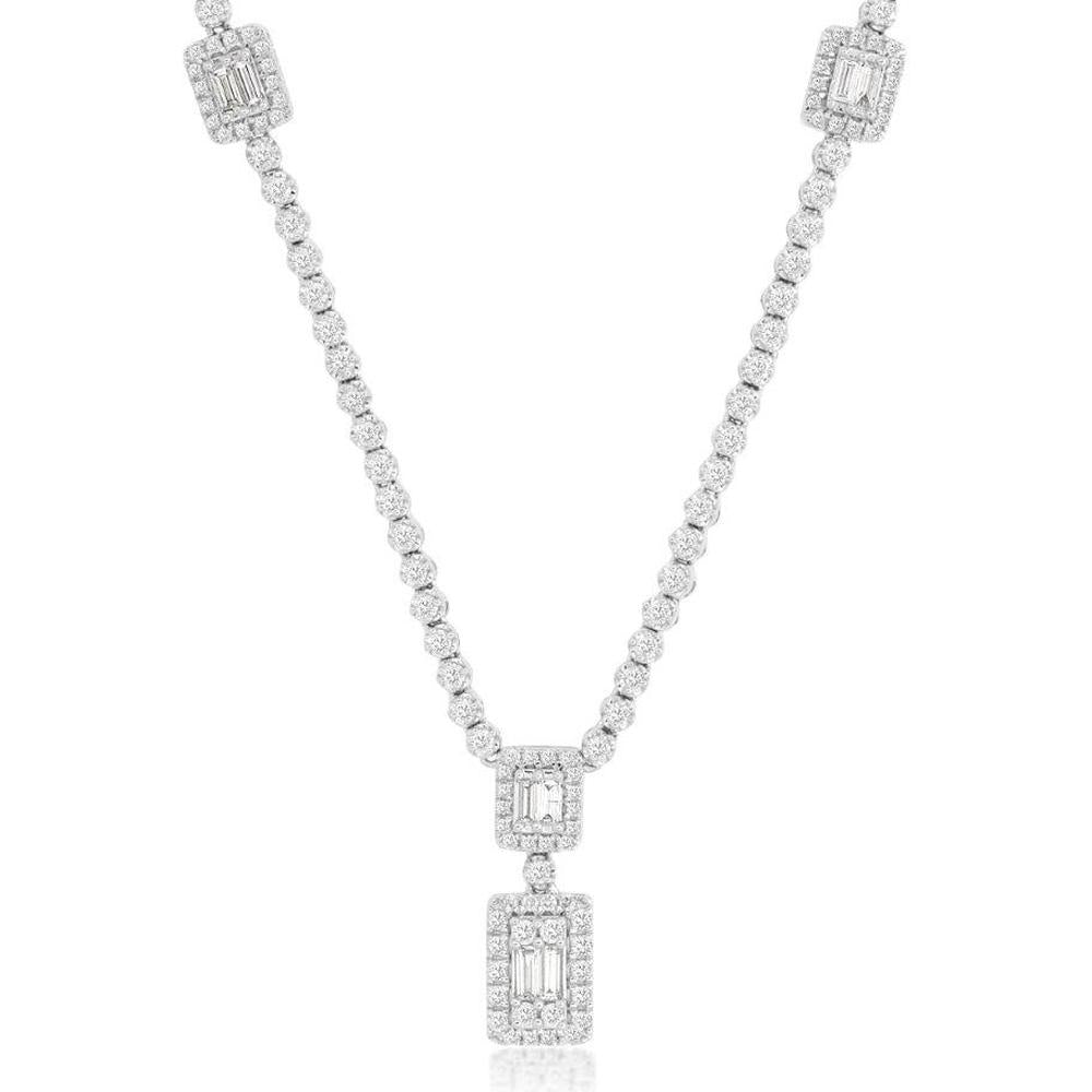 14K White Gold Diamond Necklace with Round Diamond Tennis Links and Baguette Diamond Halo Drop Pendant - 2.20 Carat Total Diamond Weight - Royal Jewelry
