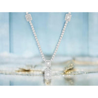 14K White Gold Diamond Necklace with Round Diamond Tennis Links and Baguette Diamond Halo Drop Pendant - 2.20 Carat Total Diamond Weight - Royal Jewelry