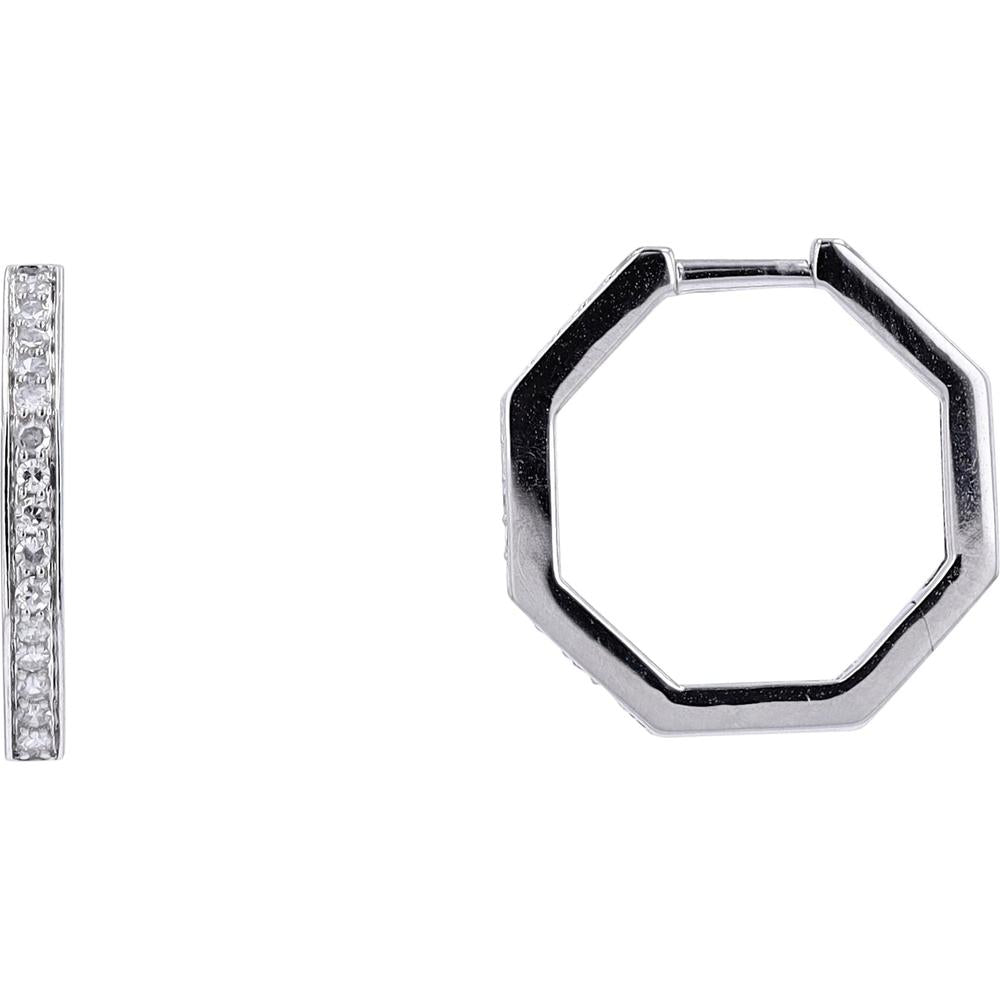 14K White Gold Diamond Octagon Hoop Earrings - 1/4 Carat Total Diamond Weight