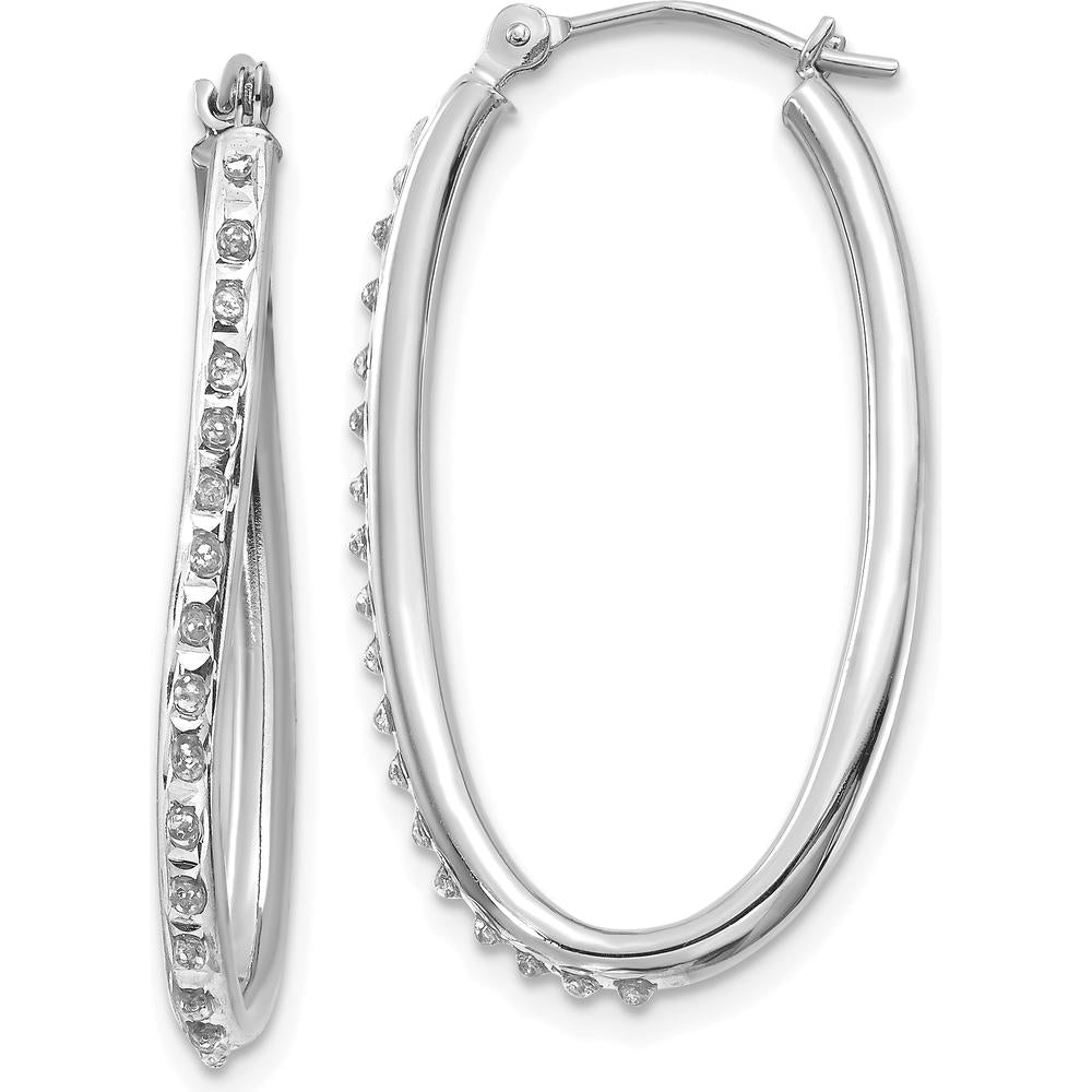 14K White Gold Diamond Oval Hinged Hoop Earrings - 0.010 Carats Total Diamond Weight by Monteluci Fine Jewelry