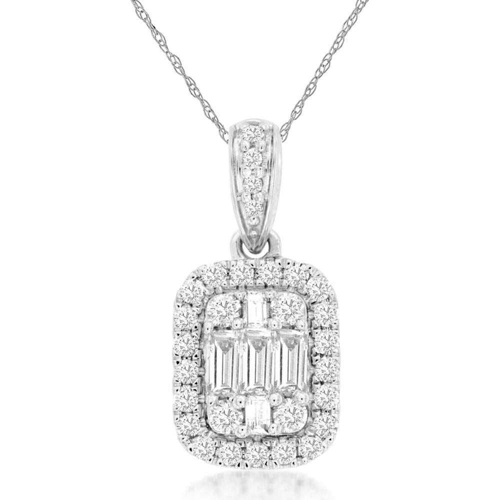 14K White Gold Diamond Pendant with Emerald-Cut Center and Halo of Round Diamonds - 0.40 Carats Total Diamond Weight