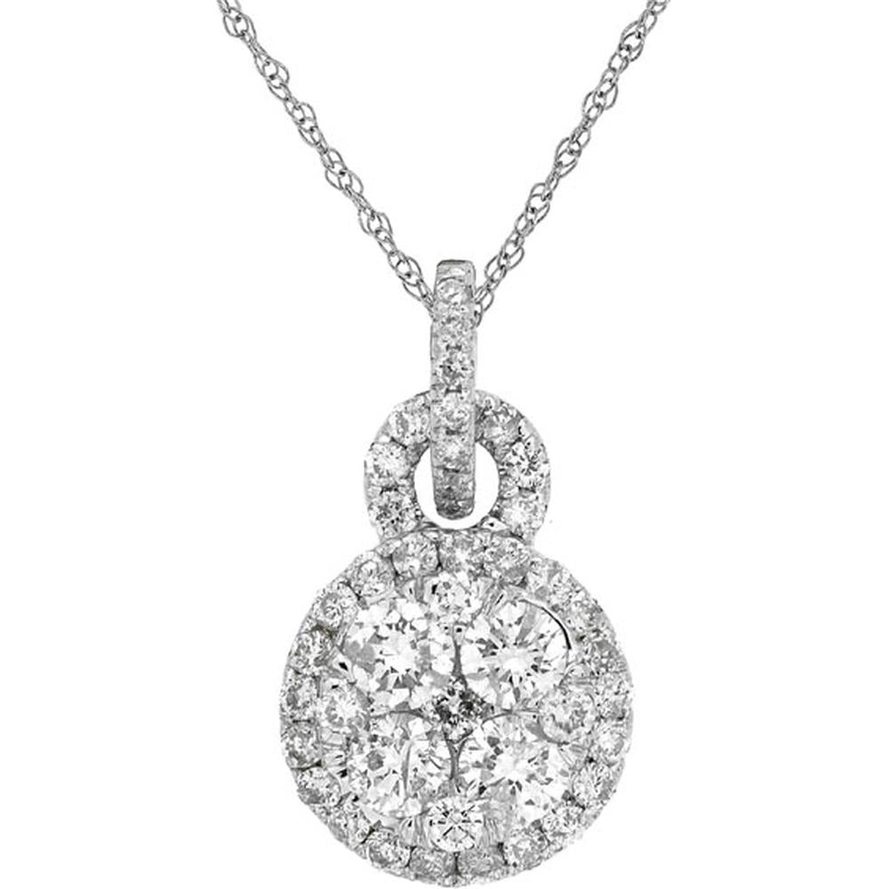 14K White Gold Diamond Pendant with Halo Design and Round Cut Diamonds - 0.70 Carats Total Diamond Weight